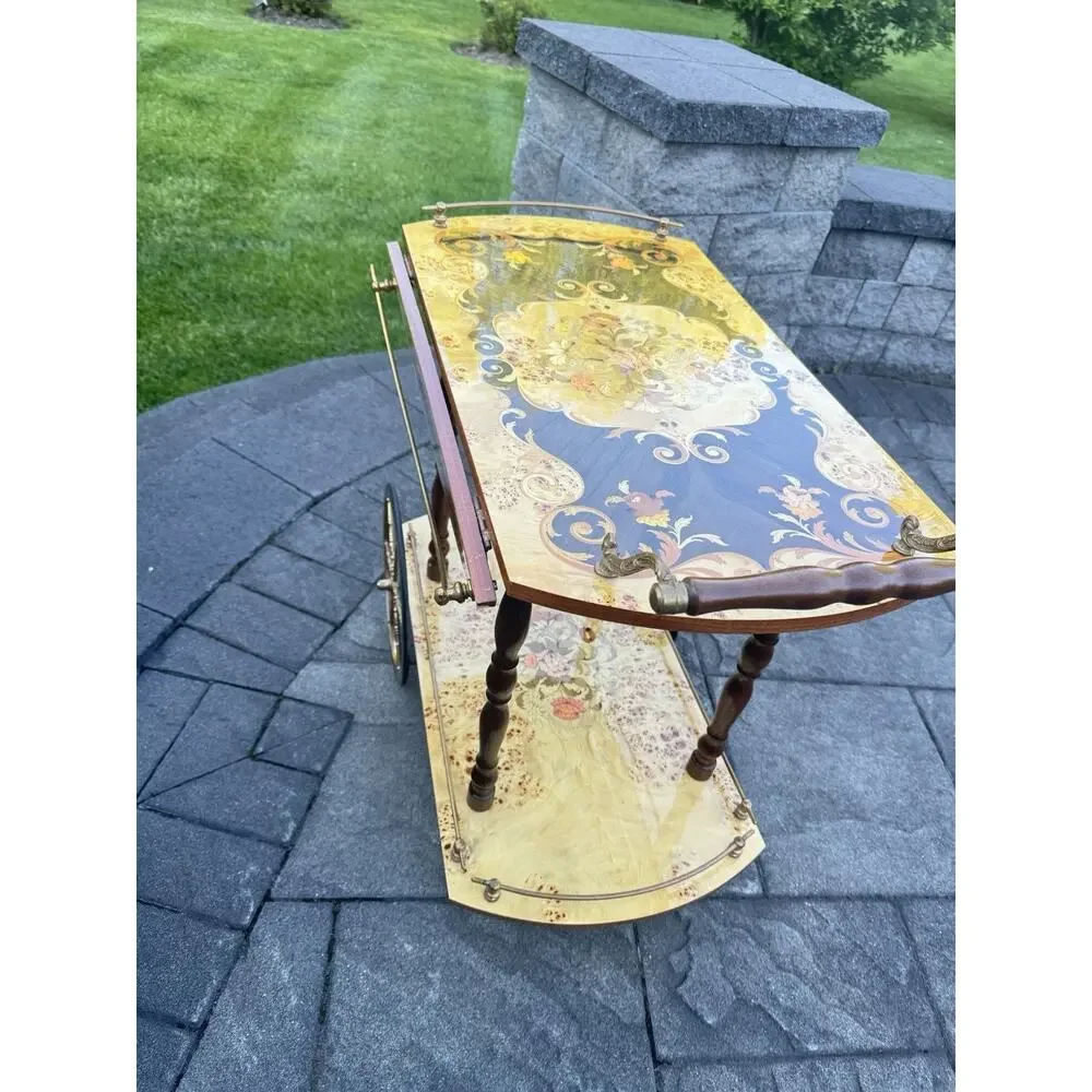 VTG Italian Marquetry Tea & Bar Cart Wood Serving Drop Leaf ~Great For Display